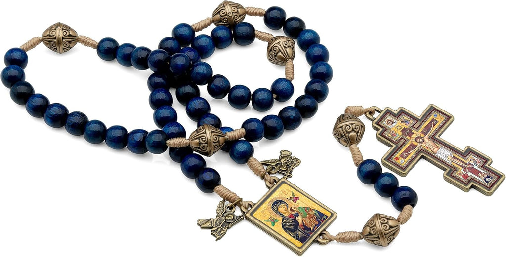 Orthodox Rosary – Blue Wooden Prayer Beads with Antique Gold Crucifix & Icon Medals