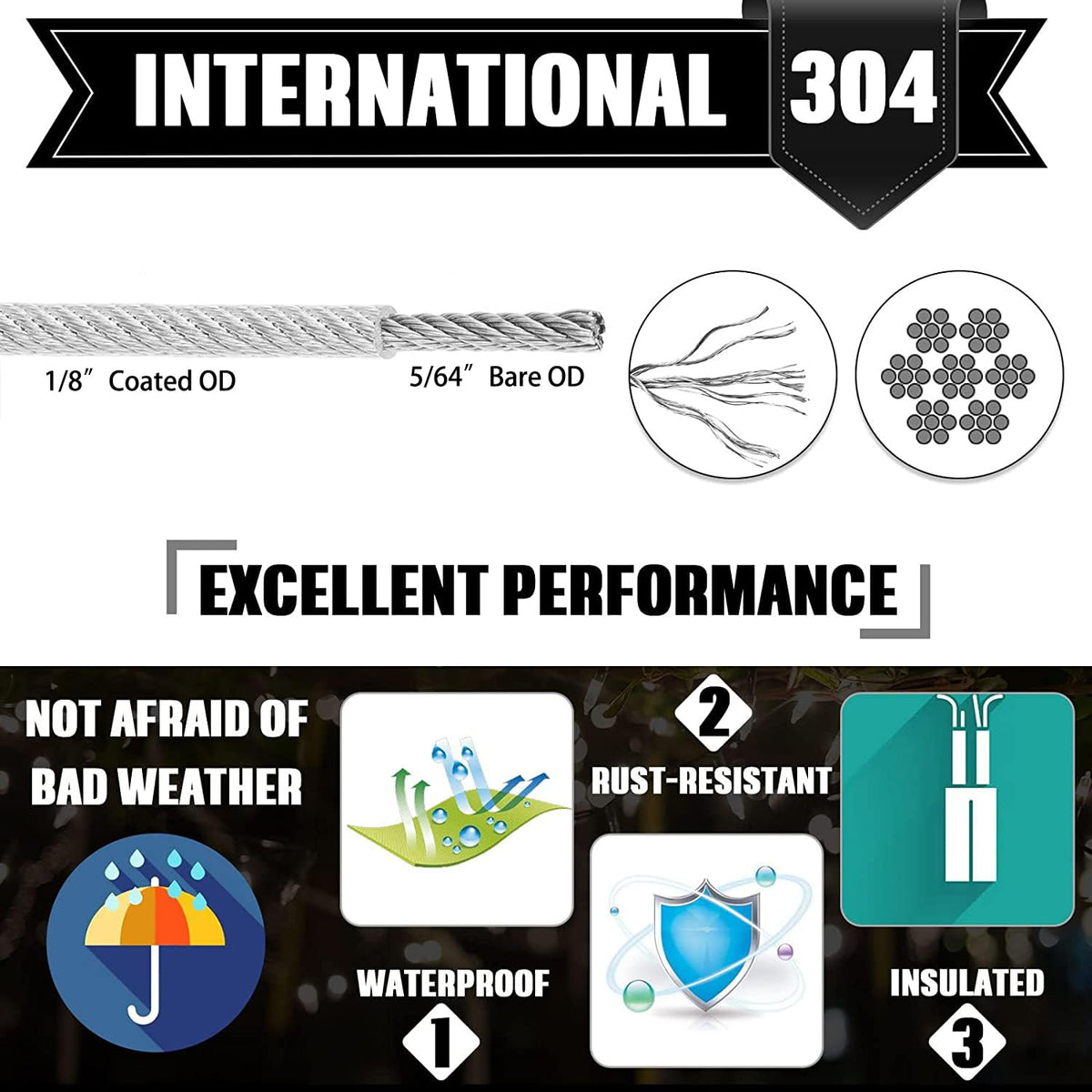 1/8" Stainless Steel Cable,165FT Wire Rope,M5 Turnbuckle Kit