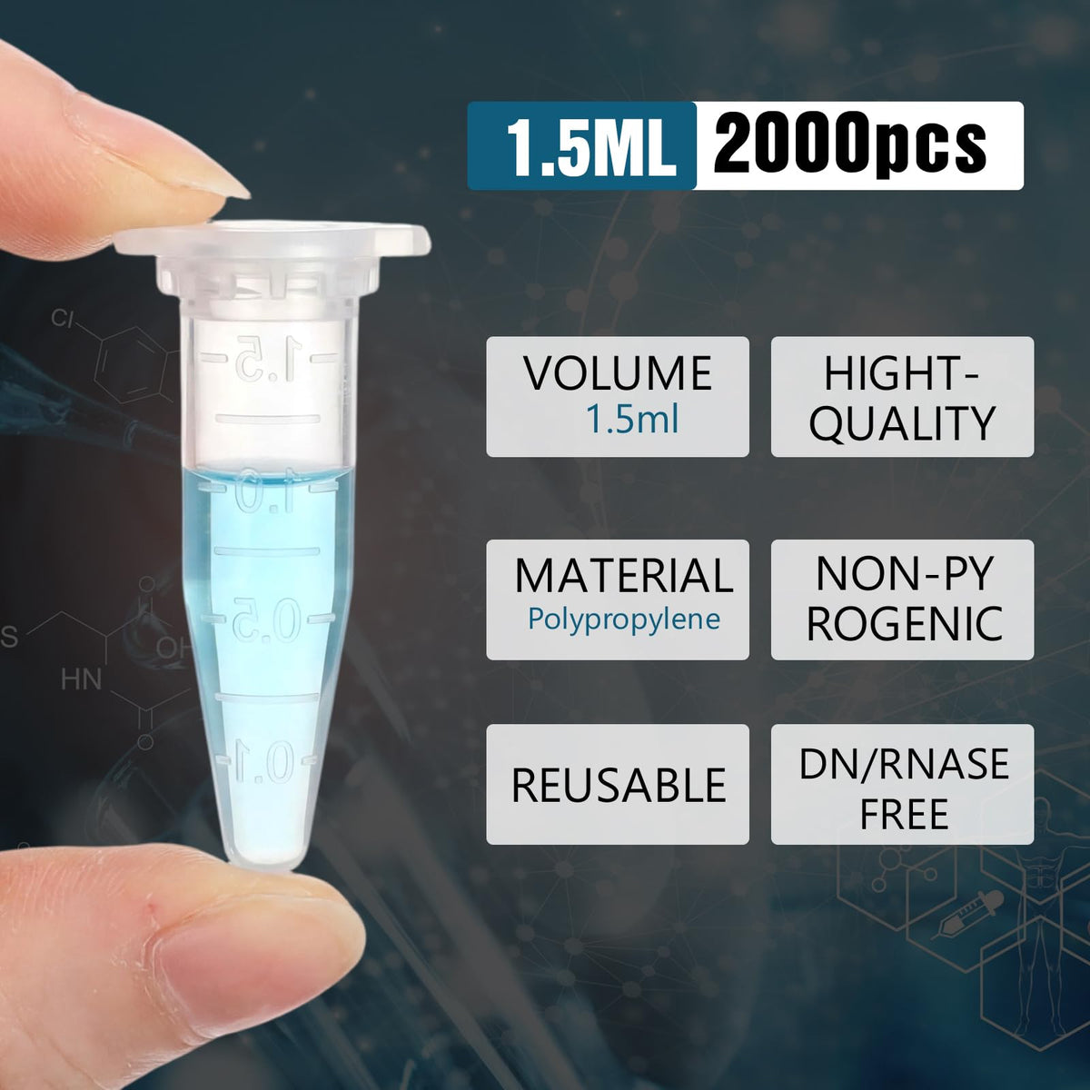 2000 Pcs 1.5ml Microcentrifuge Tubes with Safe Lock Snap Cap & Flip Lid Polypropylene Clear Plastic Tube with