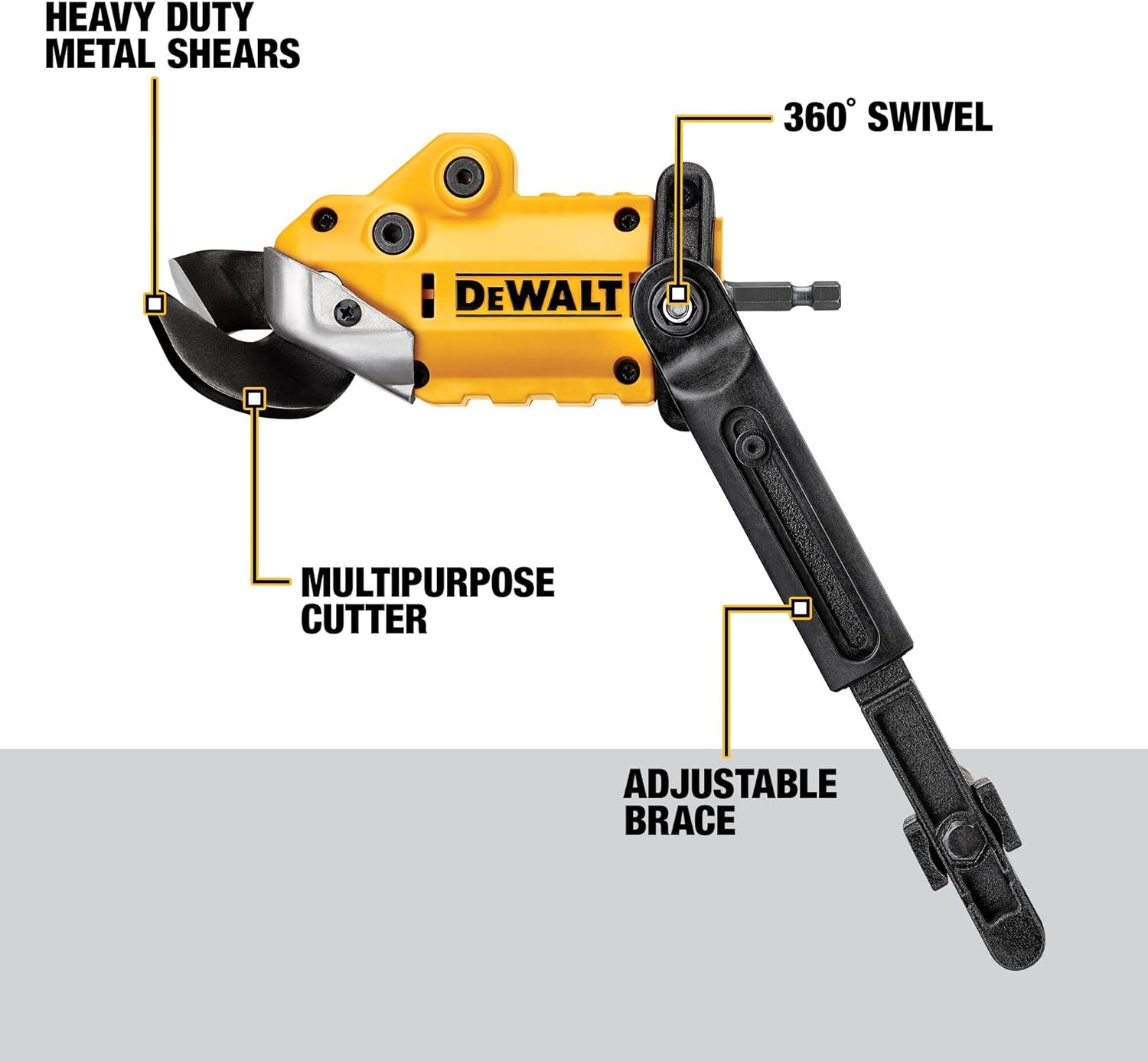 DEWALT Metal Shear/Cutter Drill Attachment, Impact Ready, 360 Degree Pivoting Head, Cuts 18GA Material