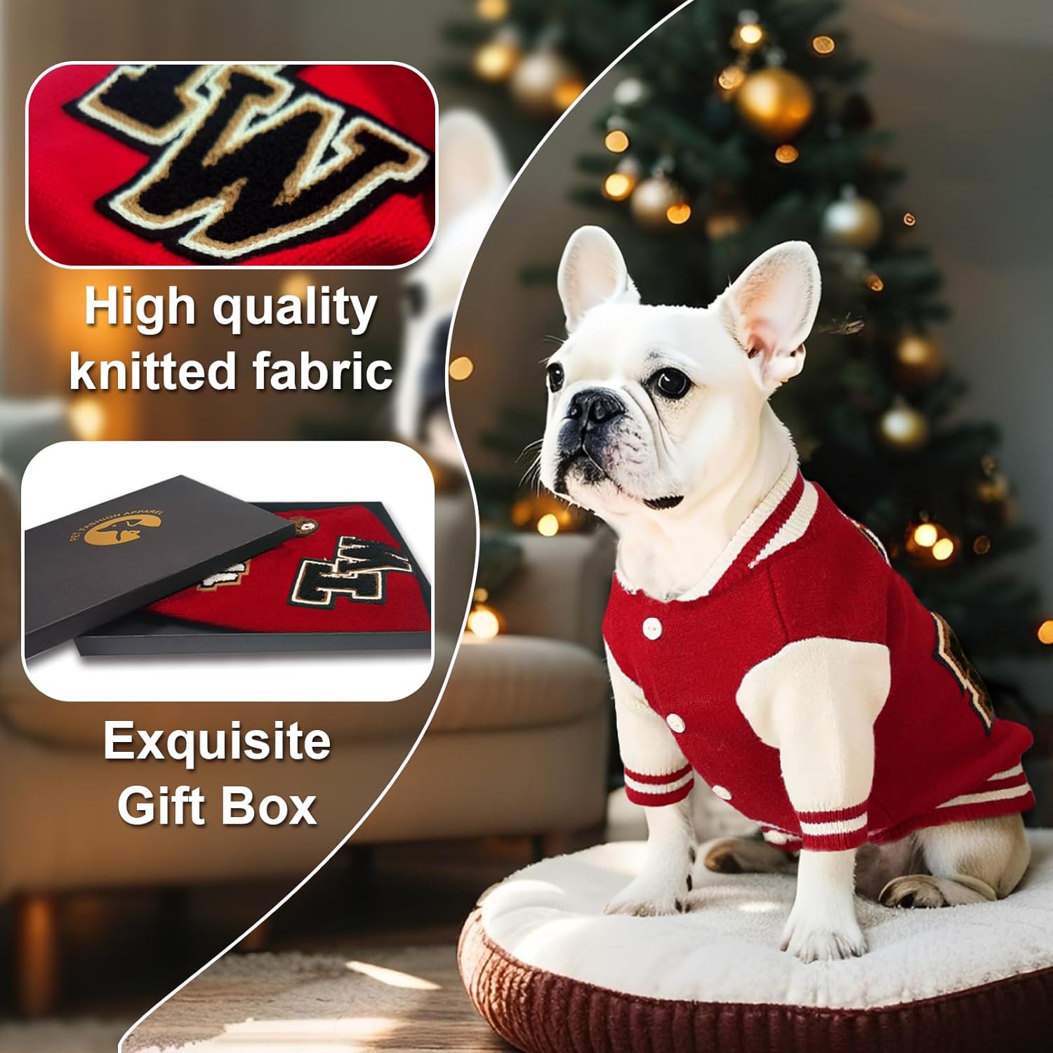 Dog Varsity Sweaters for Medium Dogs, Brushed Fleece Dog Sweater Baseball Jacket Pet Clothes with Bear Embroidery