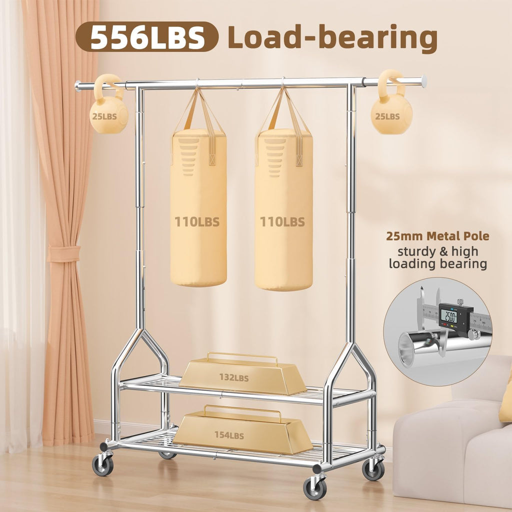 Heavy Duty Clothes Rack Load 556 LBS, Rolling Clothing Rack With Shelves, Height Adjustable Metal Clothes Hanger with