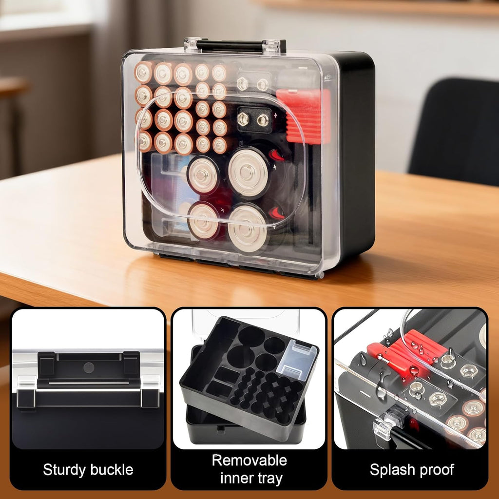 Battery Organizer Storage Case with Tester for AA AAA C D 9V | Clear lid and fitted slots separate mixed sizes;