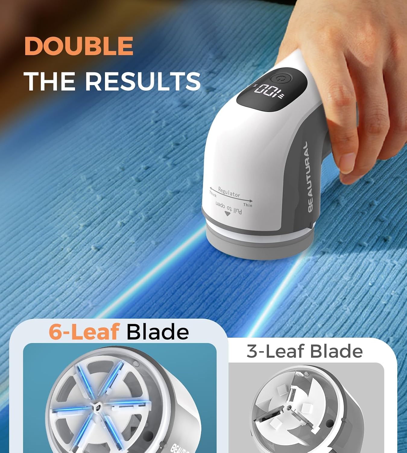 Fabric Shaver and Lint Remover, Portable Sweater Defuzzer | Rechargeable, 3 Speeds, 6 Leaf Blades, Digital LED