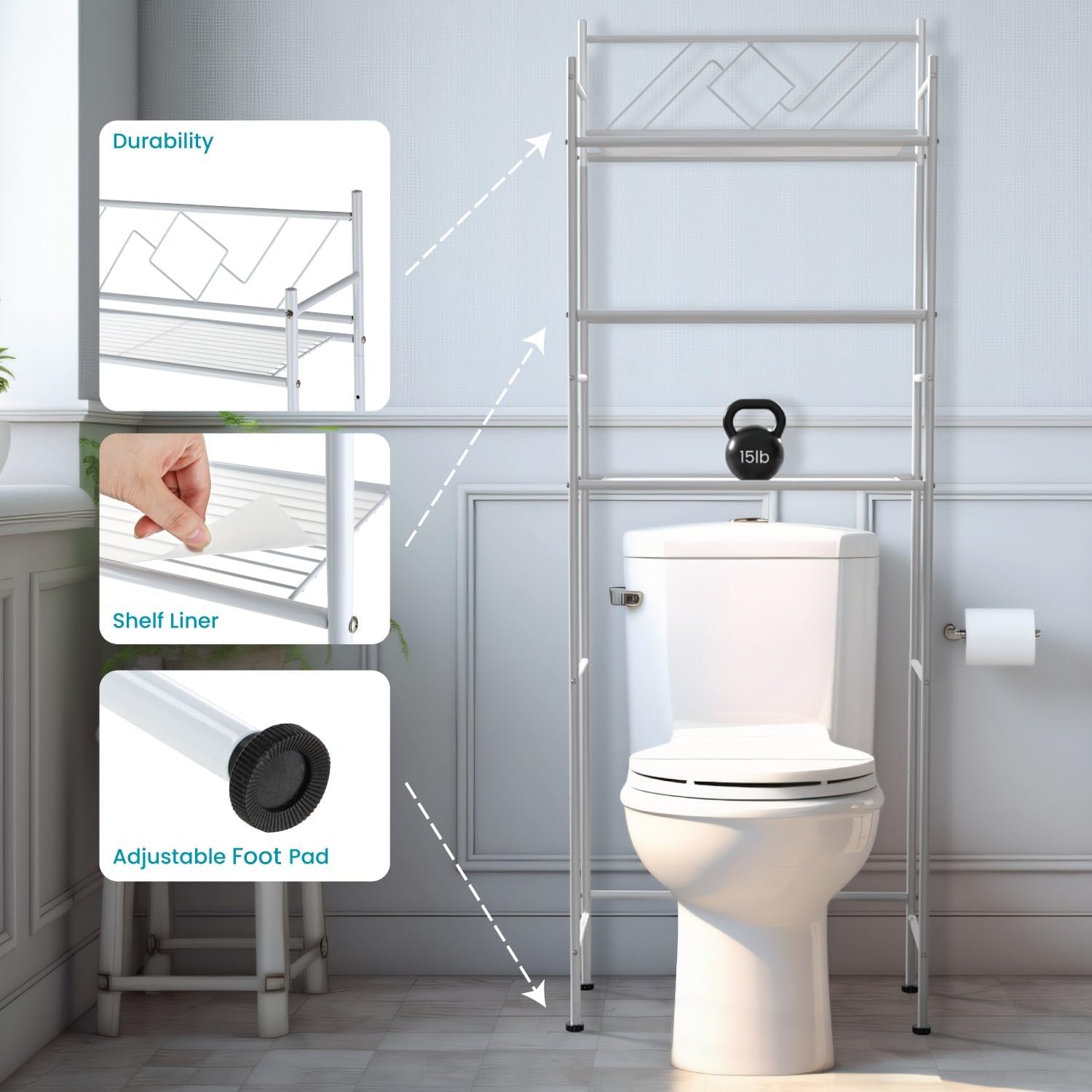Over-the-Toilet Bathroom Storage Cabinet Organizer | Freestanding Steel Frame Design with 3-Tier Shelves and