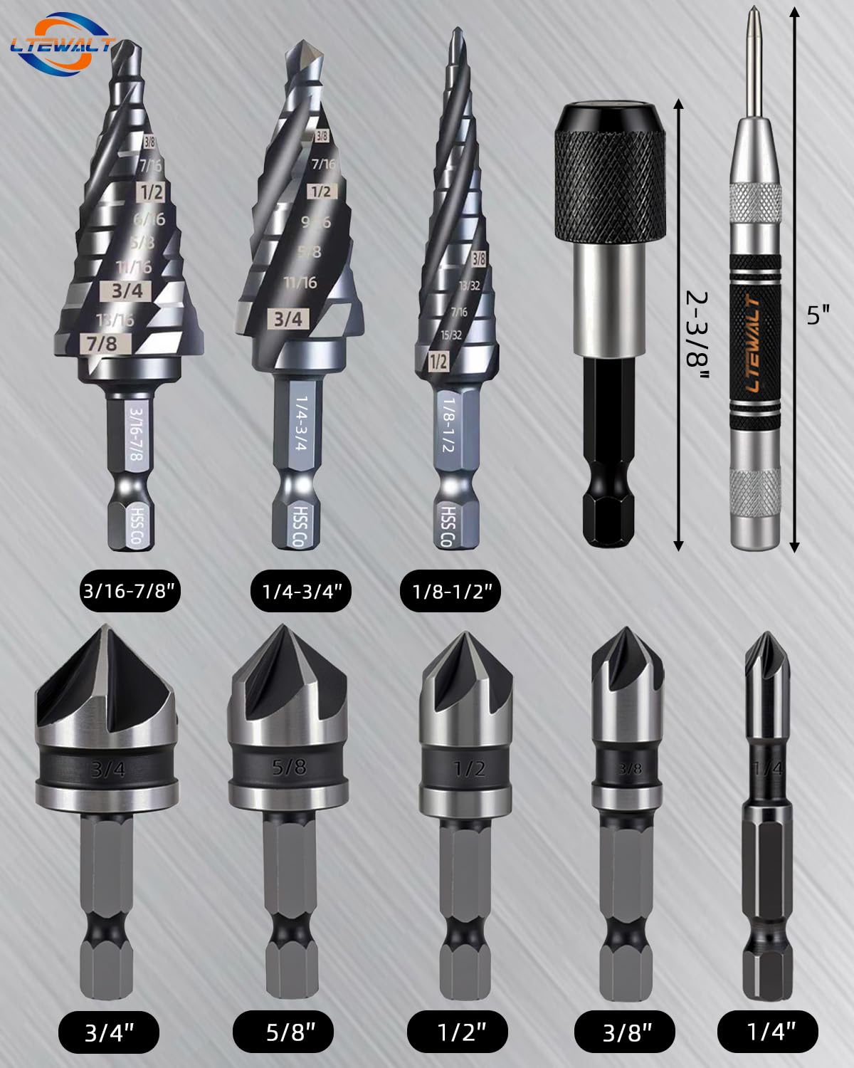9 PCS M35 Cobalt 4‑Flute Step Drill Bits, Hex Unibit with Center Punch