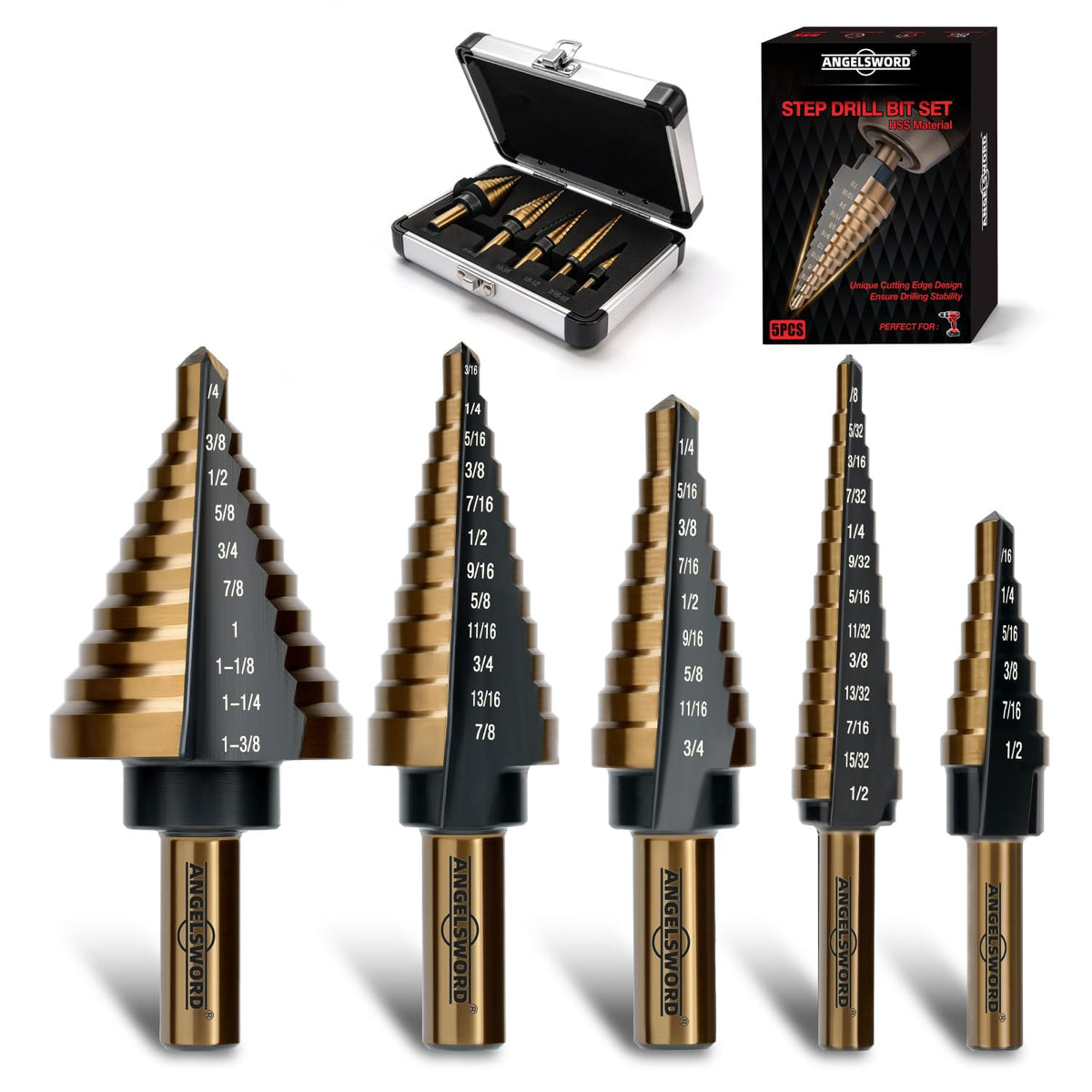 ANGELSWORD Step Drill Bit for Metal Sheet, HSS Titanium Step Bit, 5pc