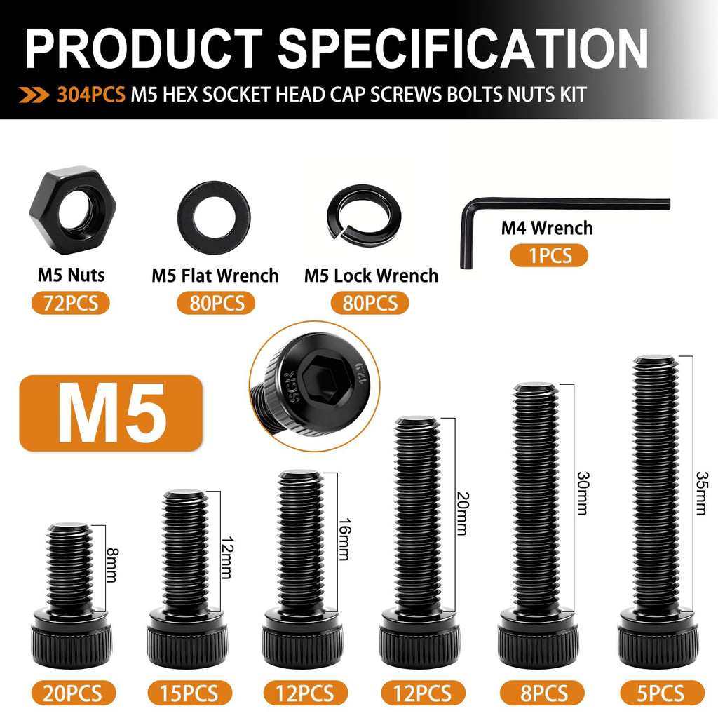 304PCS M5 Bolts Assortment Kit, Hex Socket Head Cap Screws Nuts
