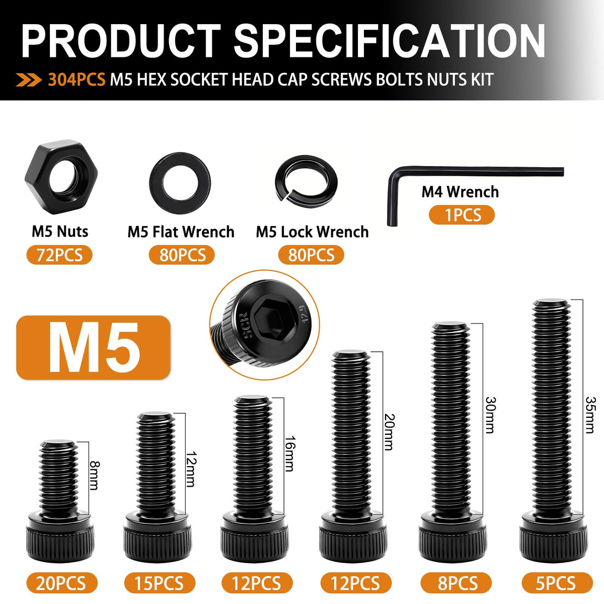 304PCS M5 Bolts Assortment Kit, Hex Socket Head Cap Screws Nuts