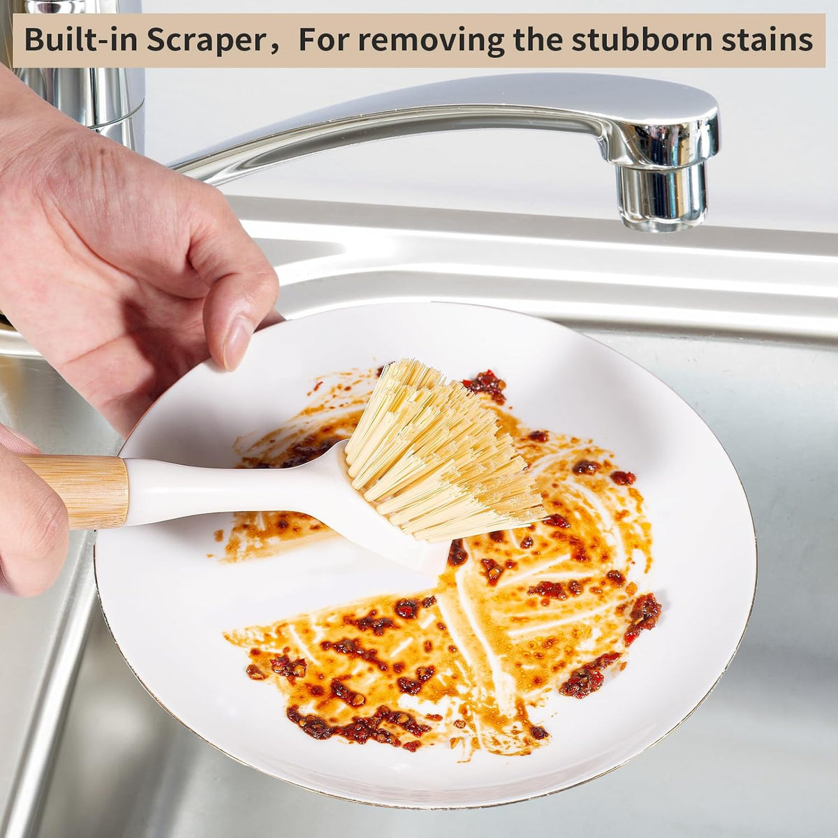 Kitchen Dish & Cast Iron Brush with Scraper, [2 Pack] Skillet Scrub Cleaner with Handle, Kitchen Cleaning Scrubber