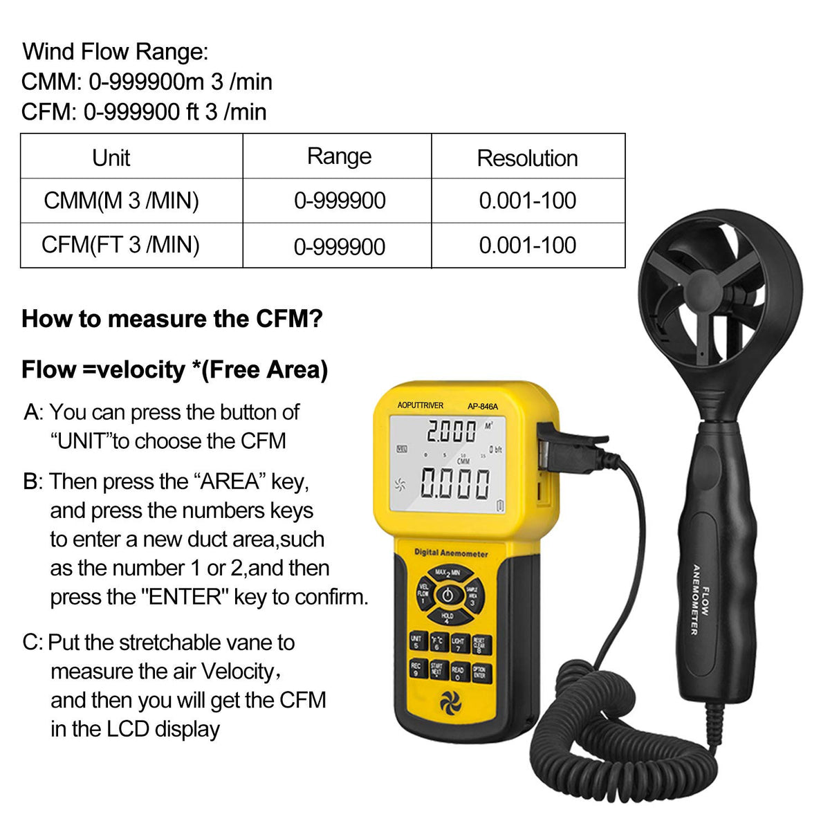 AP-846A Pro CFM Anemometer for HVAC Air Balancing & Dust Hose, 600 Data