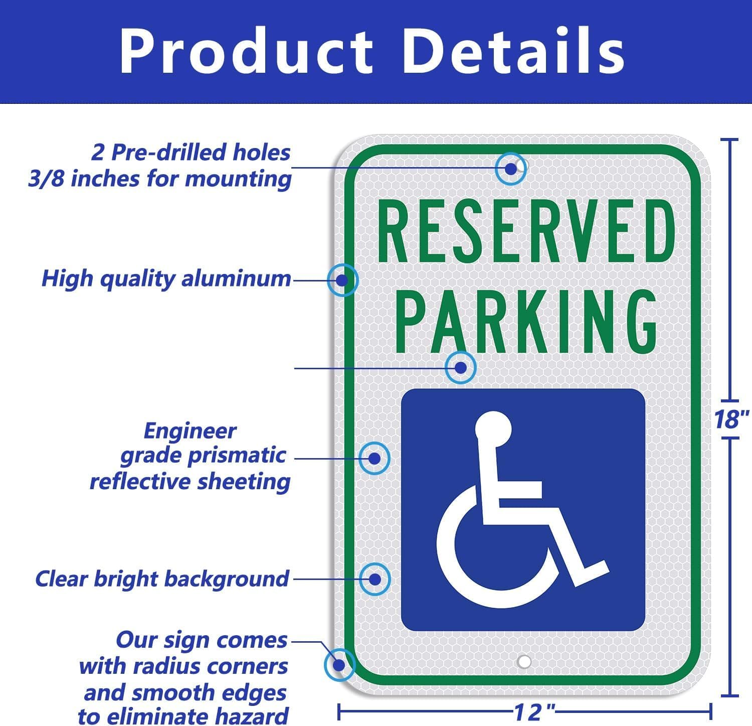 Aluminum Handicap Parking Sign - 18 x 12 inch, ADA Accessible, Reflective Blue (2pcs)