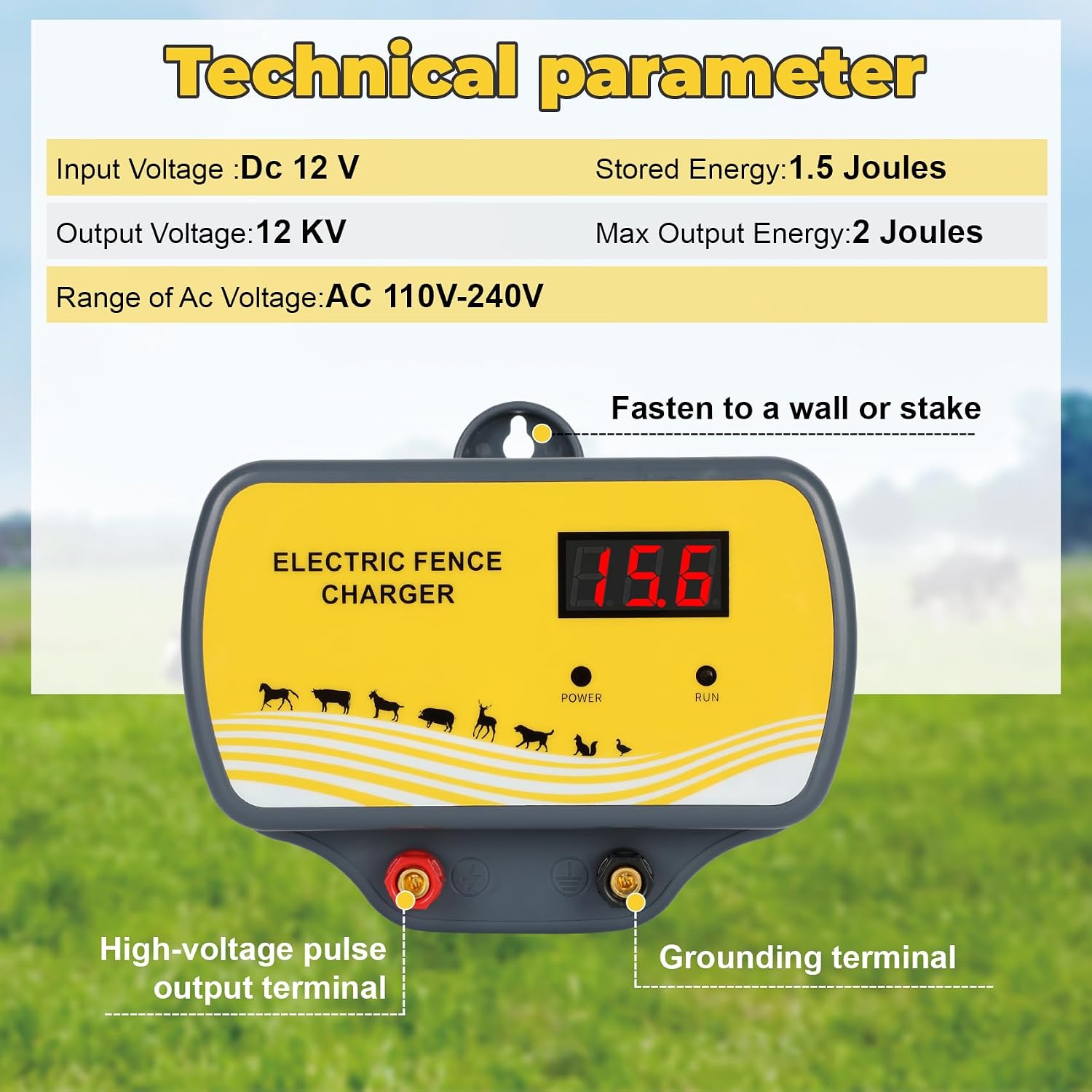 Electric Fence Charger 12V Input to 12KV Output, 2 Joule, 120 Acre Plug-in Electric Fence Energizer for Wildlife