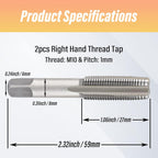 2 PCS M10x1.0 Metric Tap, HSS Thread Tool for Metal Cutting