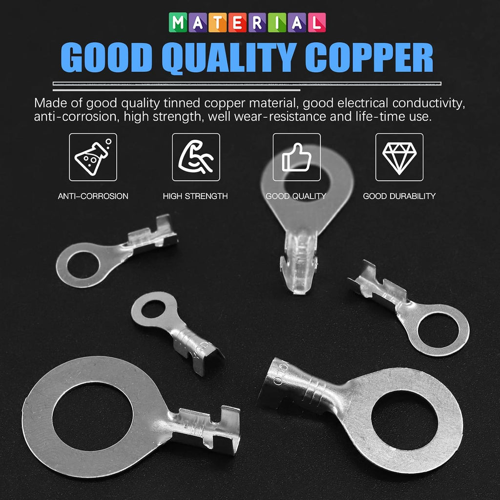 240Pcs Copper Ring Terminal Assortment Set Non-Insulated Copper Ring Lugs Open Barrel Wire Crimp Connectors Kit
