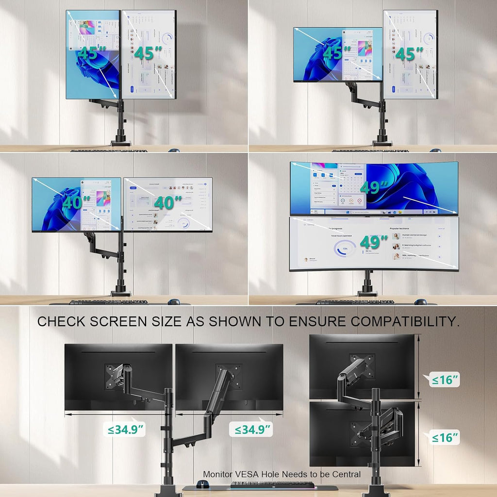 Vertical Dual Monitor Mount for 17-49 inch Curved Screens，up to 33 lbs | Heavy Duty Stacked Ultrawide Monitor Arm