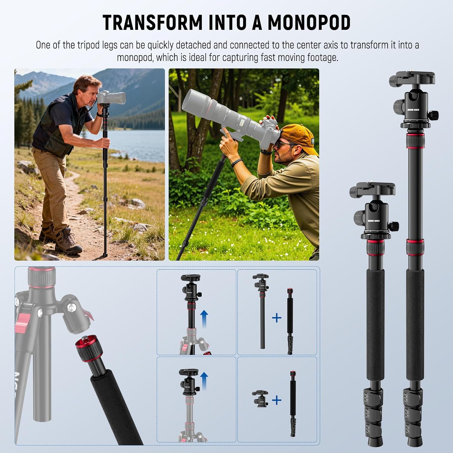 Basics Camera Tripod Monopod, 71" Aluminum Heavy Duty Portable Travel DSLR Cell Phone Stand with 360° Ball Head