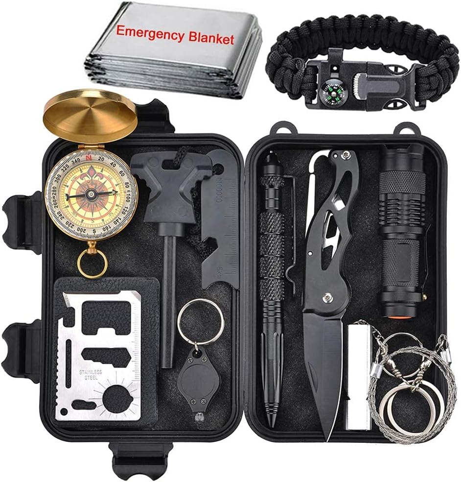 Emergency Survival Kit 13 in 1, Outdoor Survival Gear Tool with Survival Bracelet, Fire Starter, Whistle, Wood