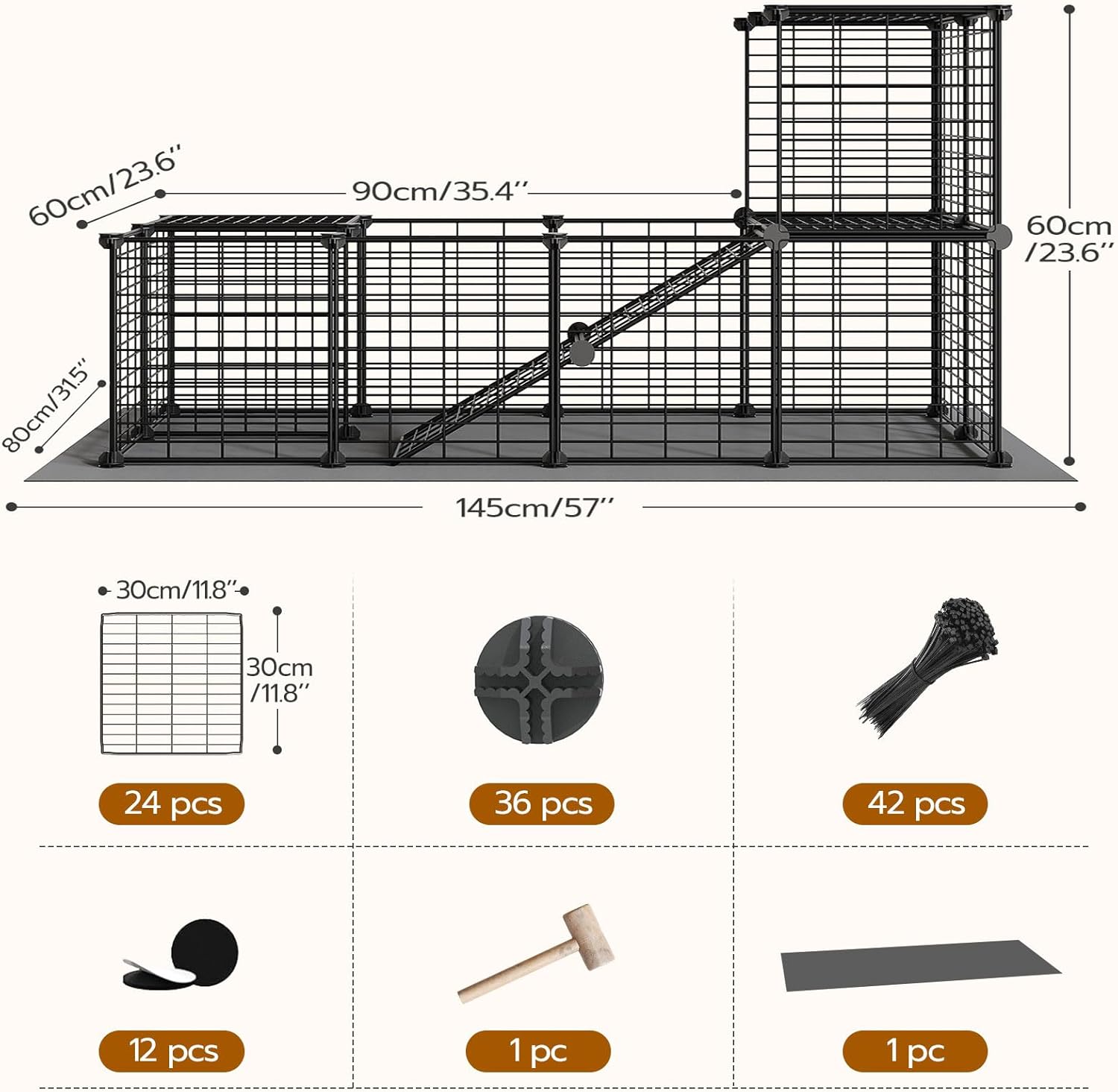 24 Panels Guinea Pig Cage with Waterproof Mat and Ramp, 57" x 31.5" x 23.6" Loft Design Small Animal Playpen, Rabbit
