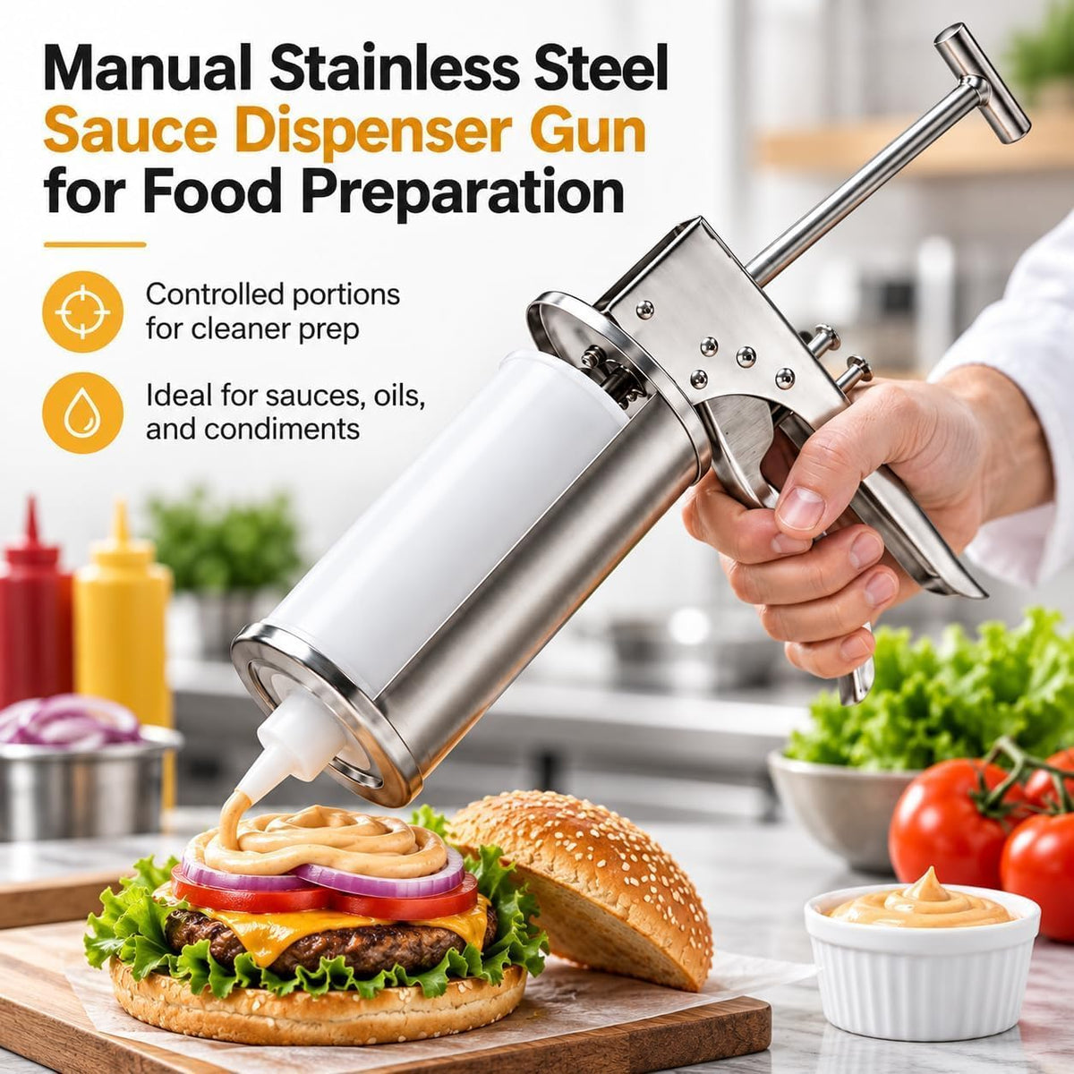 Stainless Steel Manual Sauce Dispenser Gun for Food Prep Kitchen