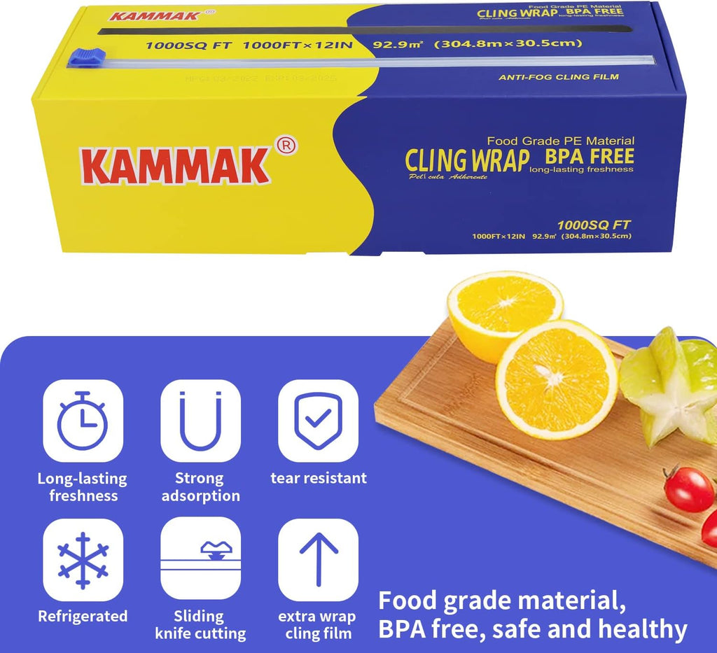 Plastic Wrap with Slide Cutter - 12 Inch Food Service Cling Film Roll - Clear Refillable Stretch Film - 1000 SQ FT