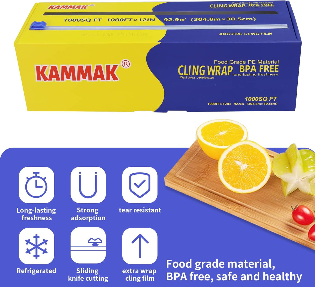 Plastic Wrap with Slide Cutter - 12 Inch Food Service Cling Film Roll - Clear Refillable Stretch Film - 1000 SQ FT