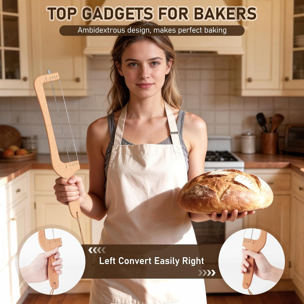 Adjustable Bread Slicer for Home Use, Wooden Sourdough Bread Knife for Homemade Bread with Bow Design, Premium