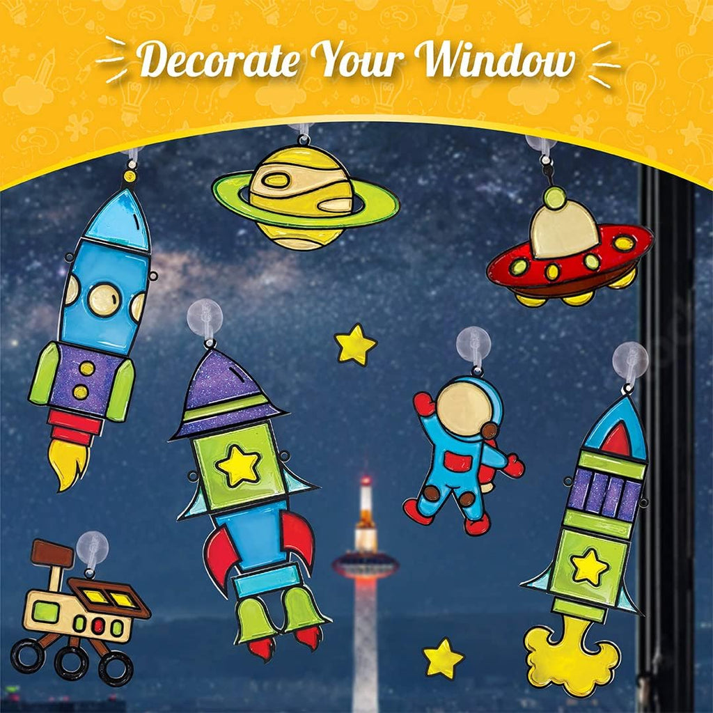 Window Art Rocket | Low Mess Suncatcher Kit | 16 Pieces Glass Painting Set | Kids Activities Ages 5-8 | DIY Craft Kit