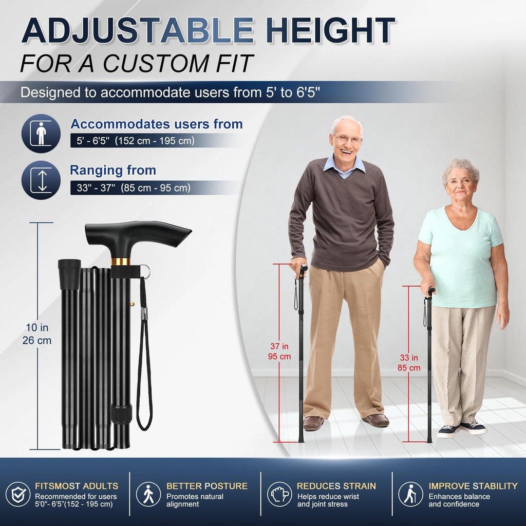 Folding Cane, 5-Level Adjustable Height Walking Stick Lightweight Collapsible Portable Travel Cane with Wrist Strap