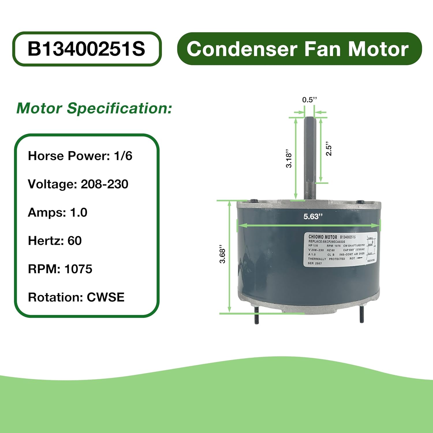B13400251S Condenser Fan Motor 1/6 HP 208-230 Volts 1075 RPM 1.0 A | Compatible with Goodman Amana Janitrol B13400251