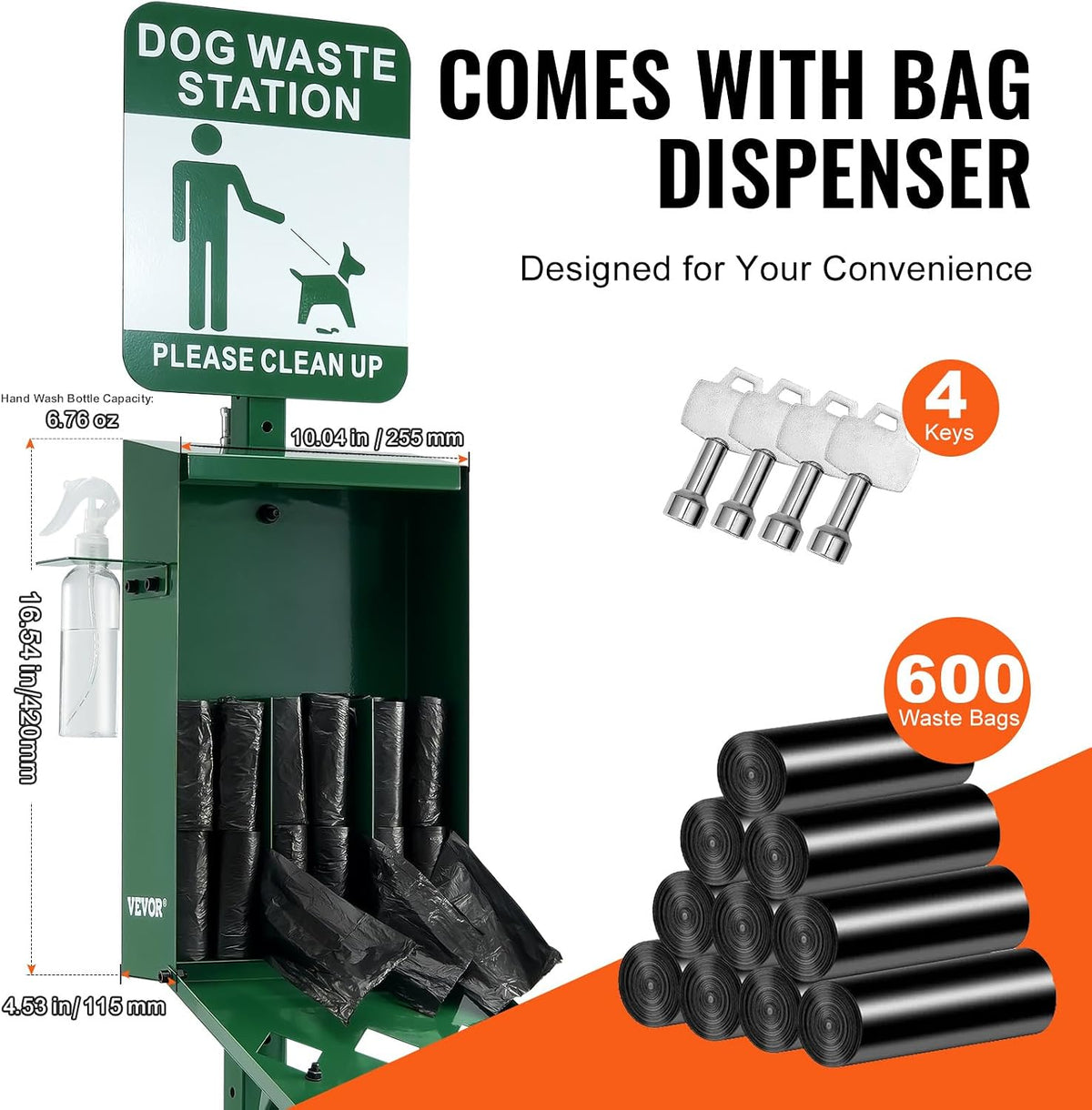 Dog Waste Station, 11.5 Gallon Pet Waste Station with Hand Wash Bottle, Lockable Bag Dispenser, 50 Can Liners & 600
