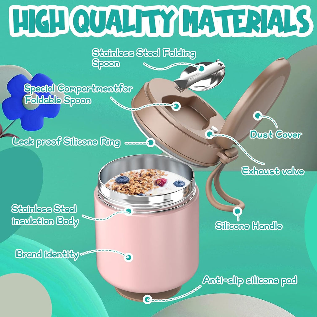 Thermo for Hot Food Kids - 15.2oz with Folding Spoon and Silicone handle | Leak Proof Insulated Food Jar, Soup