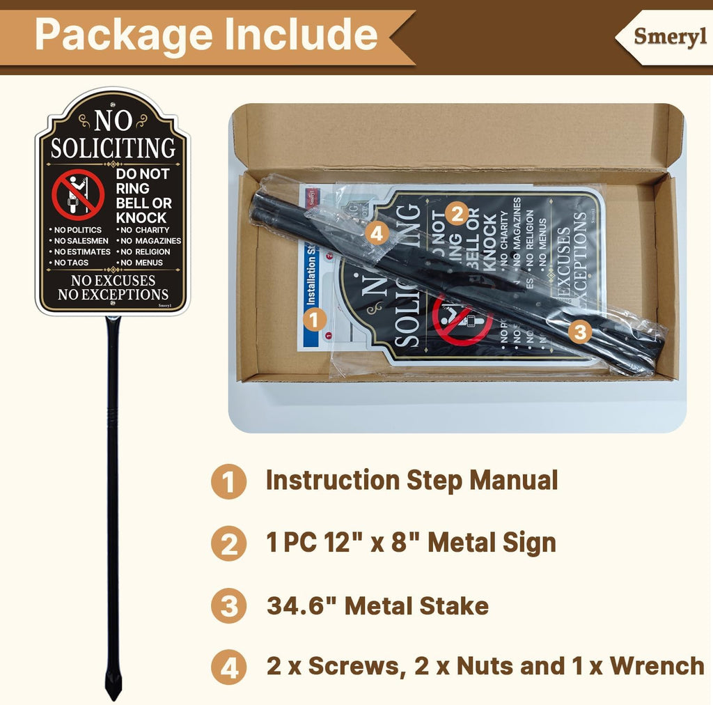 No Soliciting Do Not Ring Bell Or Knock Sign with 34.6" Stake | 12" x 8" No Soliciting Sign for House, Rust-Free