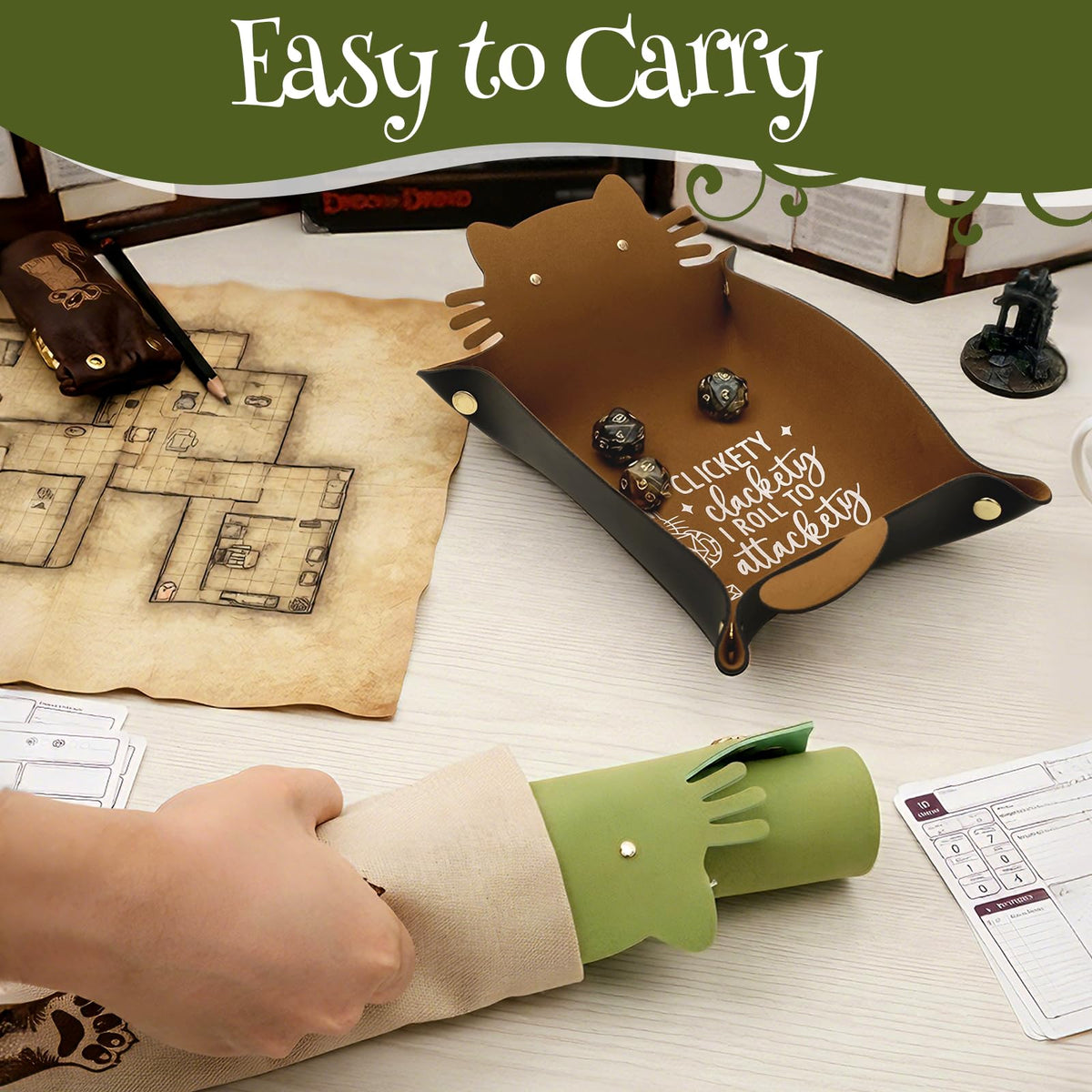 Cat Dice Trays 2PCS, Foldable Portable, Leather Brown and Green