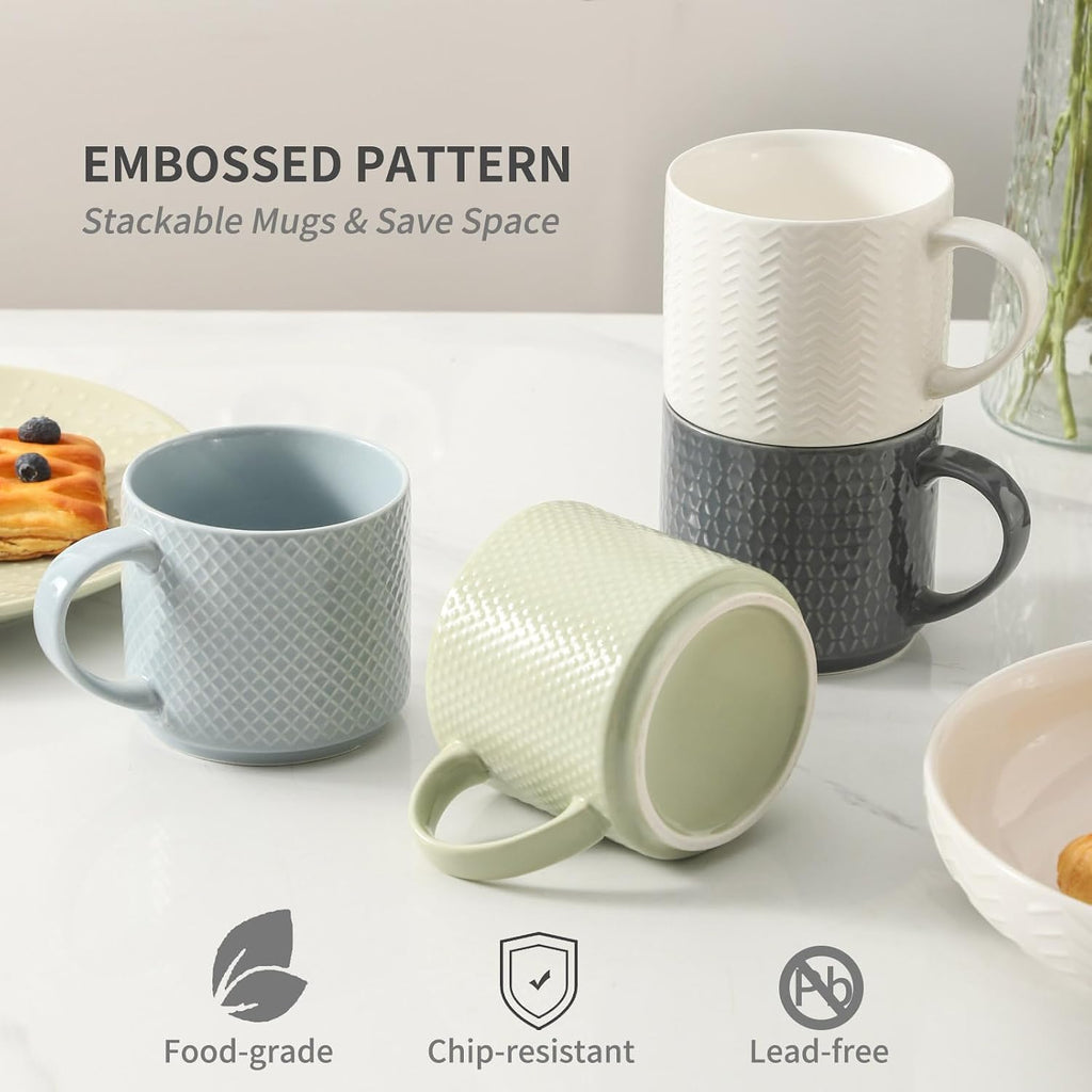 Coffee Mugs with Metal Stand,15 oz Ceramic Stackable Mug Set Embossed Latte Cup, Ceramic Coffee Cups with Handle for