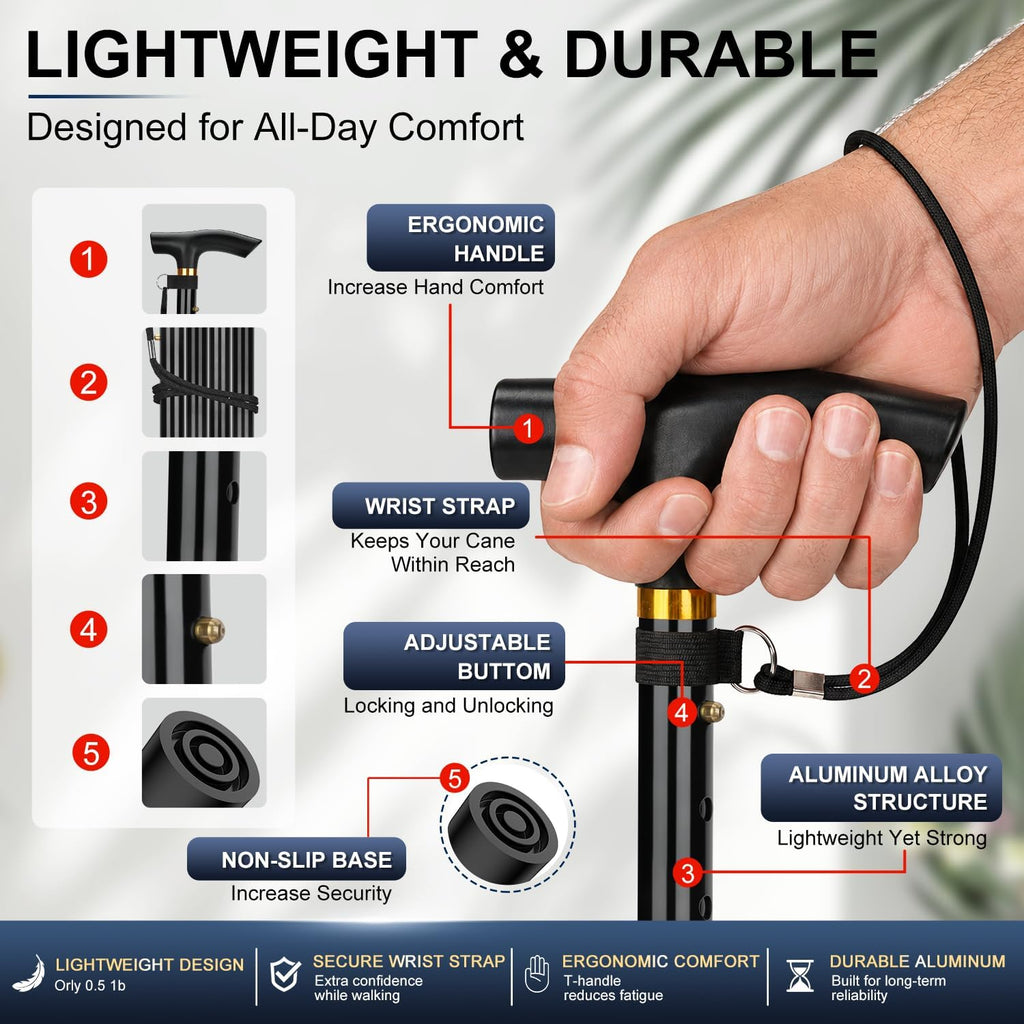 Folding Cane, 5-Level Adjustable Height Walking Stick Lightweight Collapsible Portable Travel Cane with Wrist Strap
