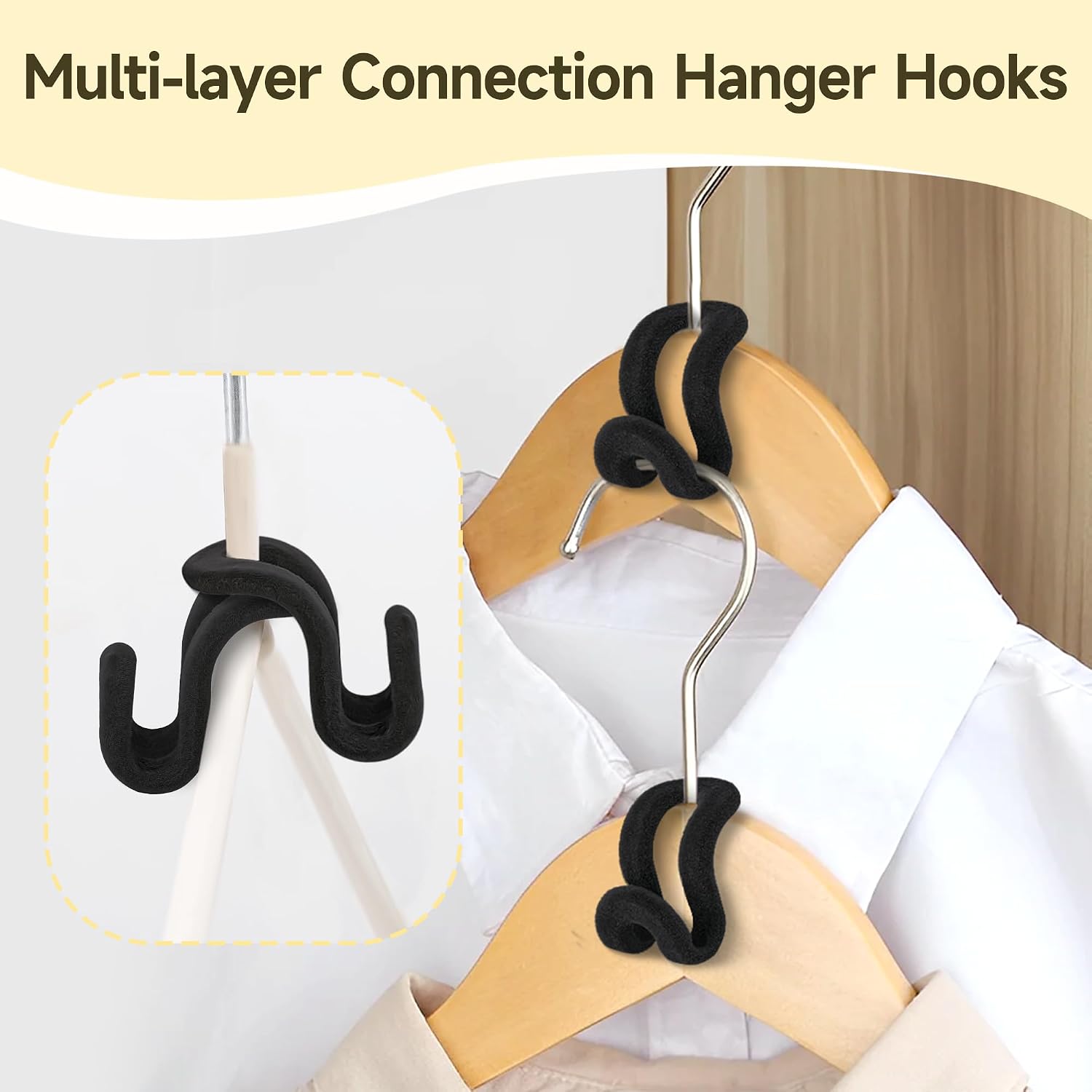 60 Pack Velvet Space Saving Hanger Connector Hooks for Closet, Black | Cascading Hanger Hooks, College Dorm Essentials