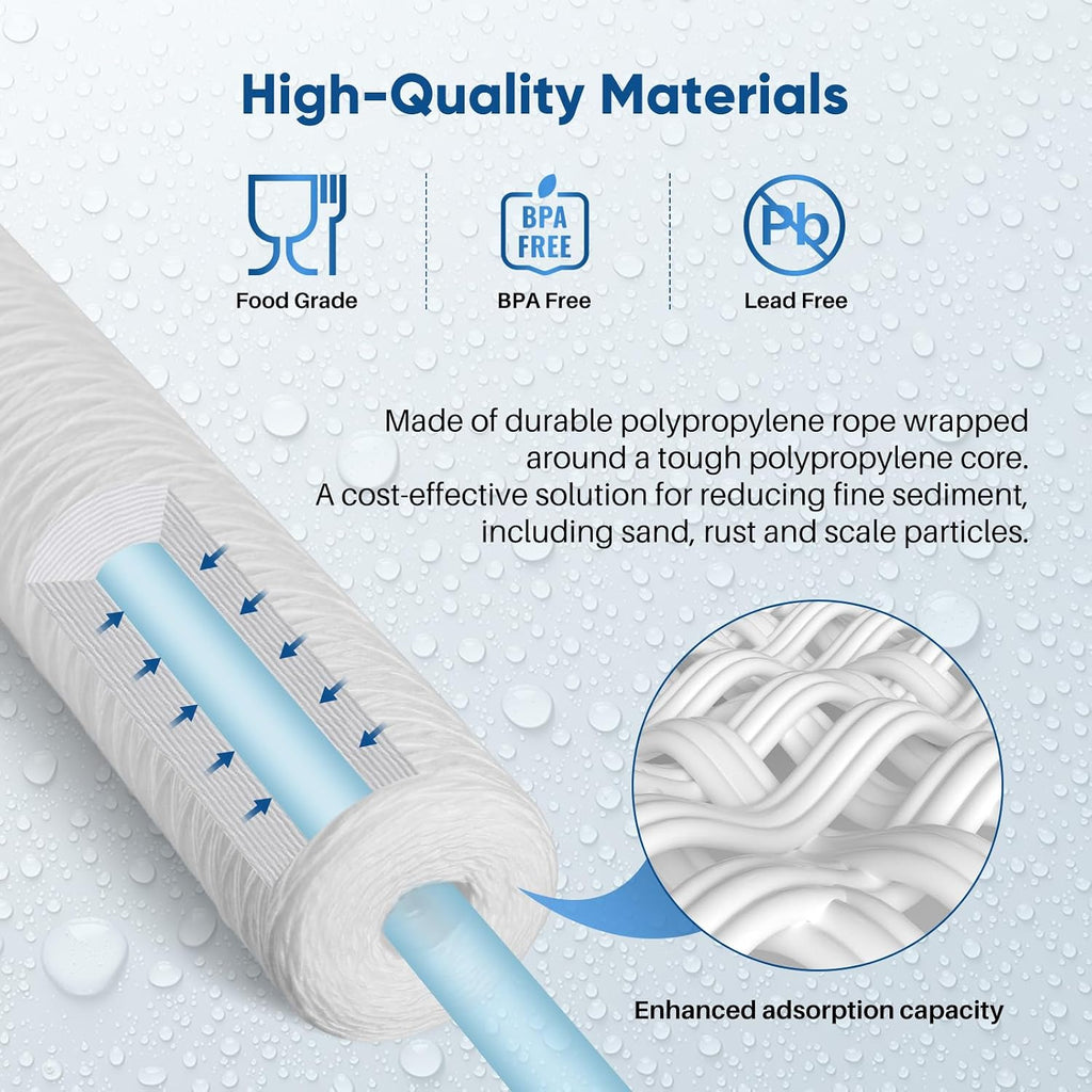 PUREPLUS 5 Micron 20"x4.5" Whole House String Wound Sediment Filter 4 Pack