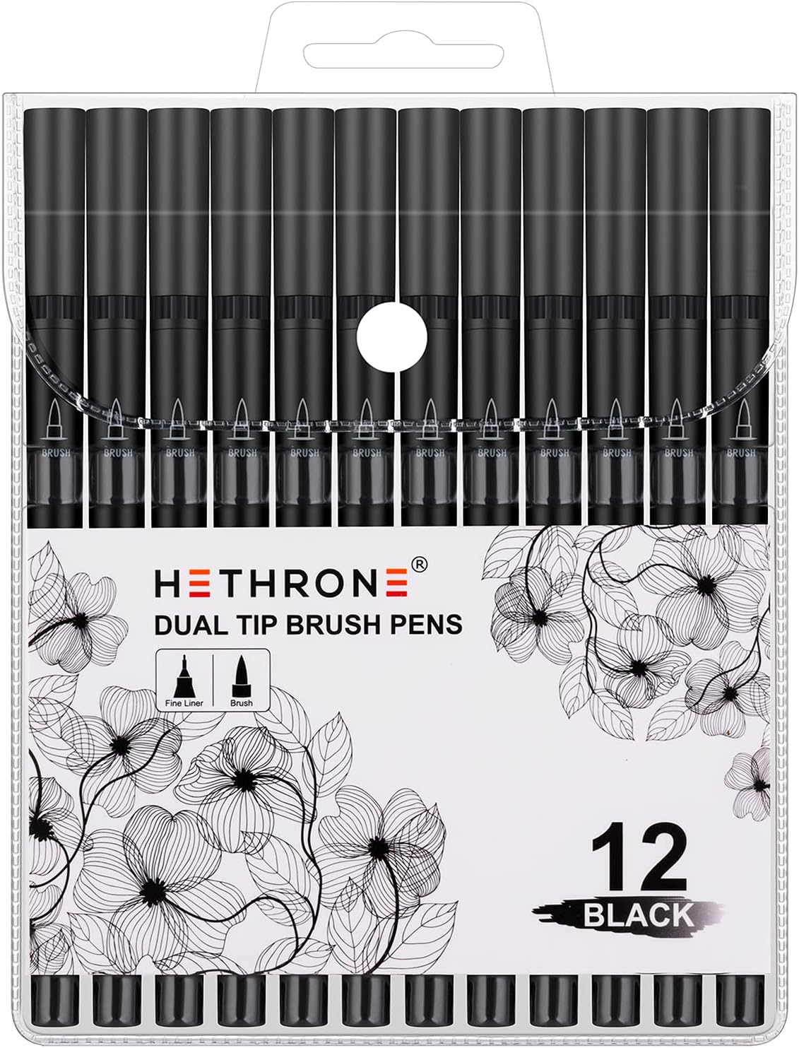 Black Markers for Drawing - Brush Pens with Felt Tips for Artists - Calligraphy Pens, 12 Pack