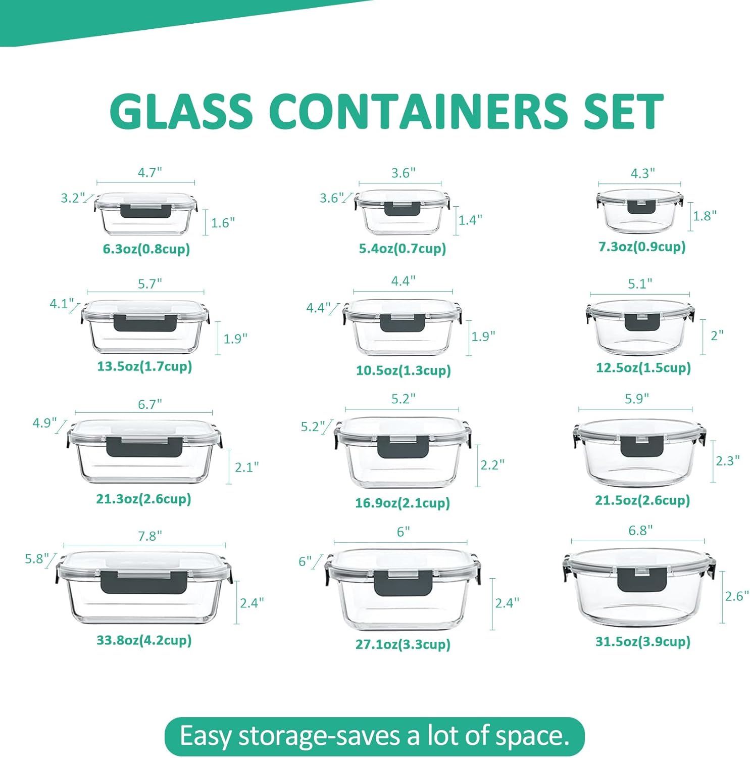 24 Pieces Glass Food Storage Containers Set, Meal Prep Containers, BPA-Free Airtight Glass Storage Containers with