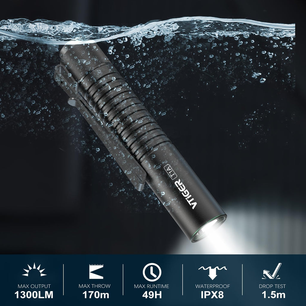 T1A Mini Pocket EDC Flashlight with Clip,1300 Lumen Compact AA Rechargeable LED Little Flashlights, Super Bright Tail