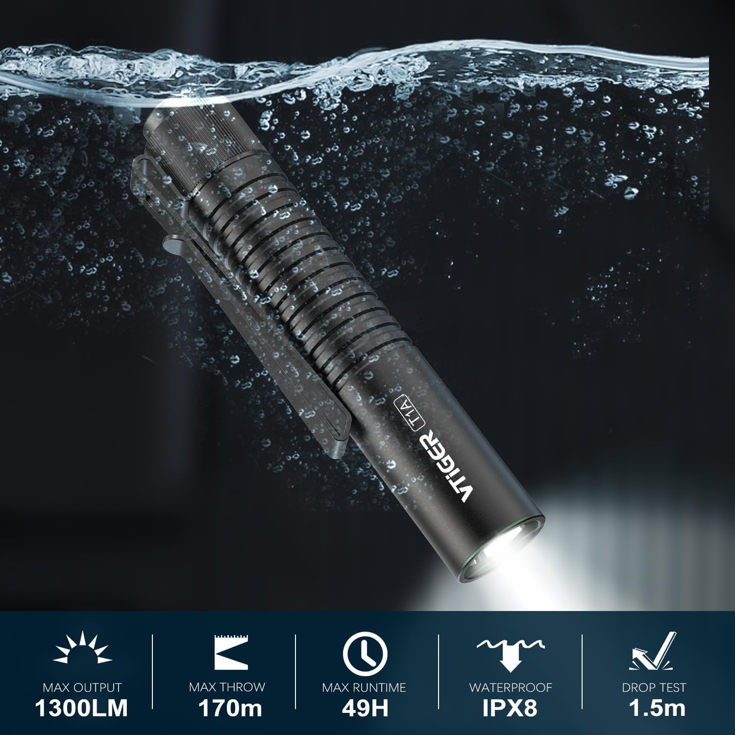 T1A Mini Pocket EDC Flashlight with Clip,1300 Lumen Compact AA Rechargeable LED Little Flashlights, Super Bright Tail
