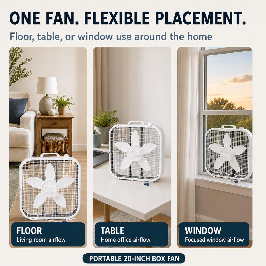 20-Inch Box Fan, 3 Quiet Speeds, 1,710 CFM, Floor or Window Use