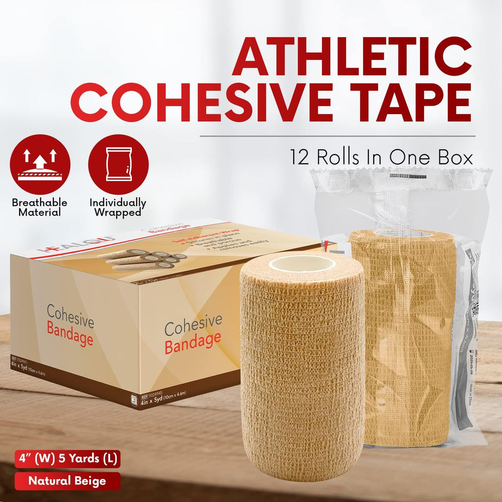 Self Adhesive Bandage Wrap – 4" x 5 Yard, 12 Rolls Cohesive Tape for Athletic & Sports - Self Adherent Medical Tape