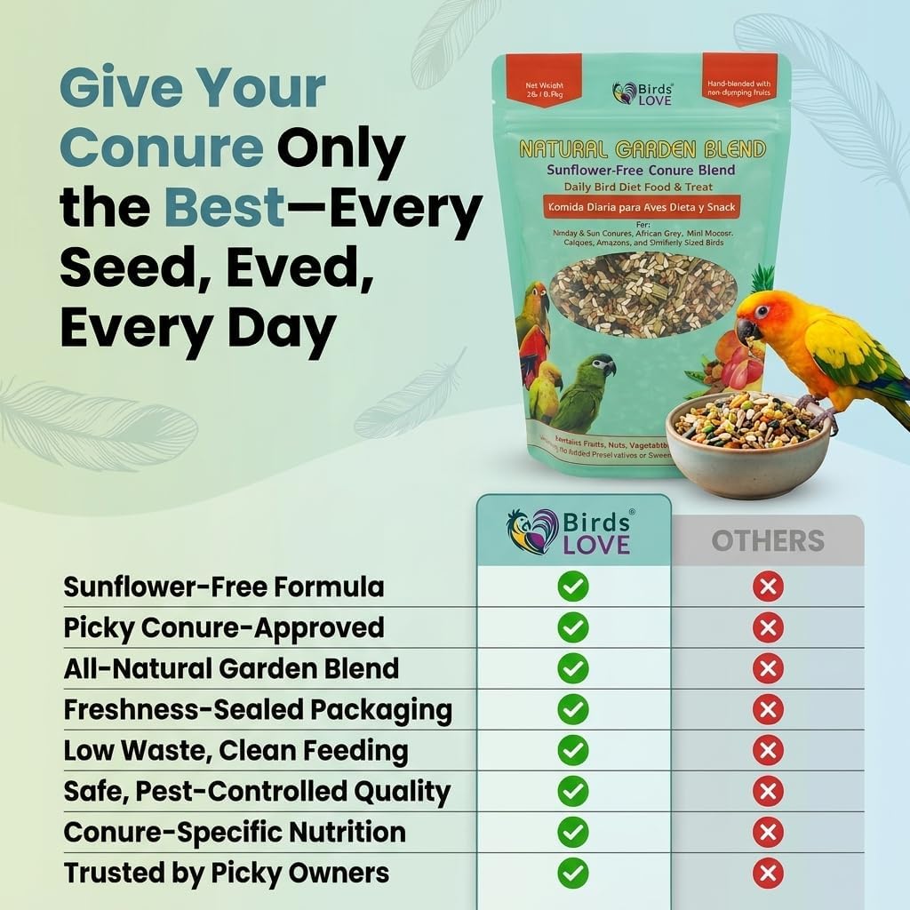Natural Garden Blend Conure Food, Sunflower Free Bird Seed Mix with Fruits, Nuts, Vegetables and Seeds, All Natural