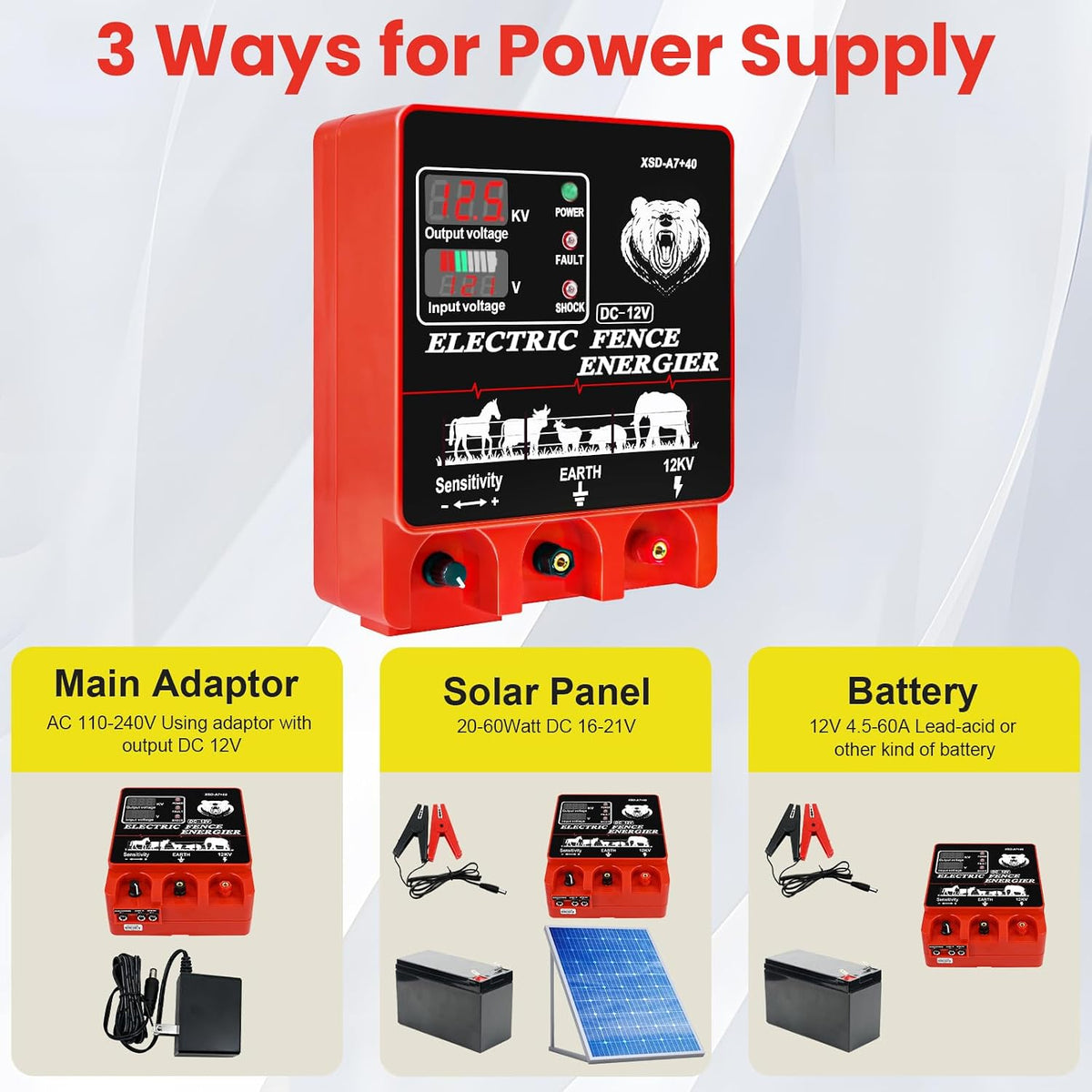 9J Electric Fence Charger Energizer, 9 Joules 20 Miles Plug-in Fencer | AC 110-240V/DC 12V, 12KV High Output Voltage