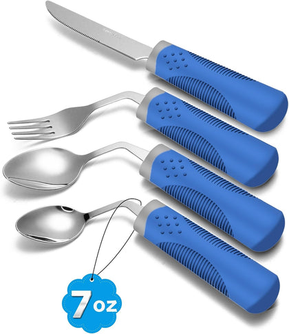 Adaptive Utensils (4-Piece Set) Weighted 7 oz - 42° Angled Utensils for Parkinson's Patients, Hand Tremors, Arthritis