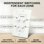 STUDIOFINIX in-Wall 4-Zone A/B/C/D Speaker Selector Switch, 120W Peak Power Per Channel Speaker Controller Box, Controls 4 Pairs of Speakers, Fits Standard Single-Gang Wall Box for Whole-Home Stereo