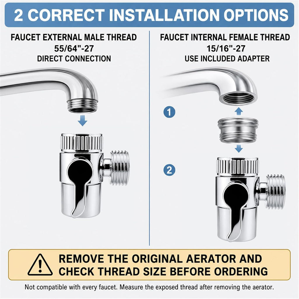 2 Pack Faucet Diverter Valve with Aerator, 55/64"-27 Female Inlet, 15/16"-27 Male Adapter, G1/2 and 3/4" GHT Adapters for Sink Faucet, Shower Hose and Portable Washer