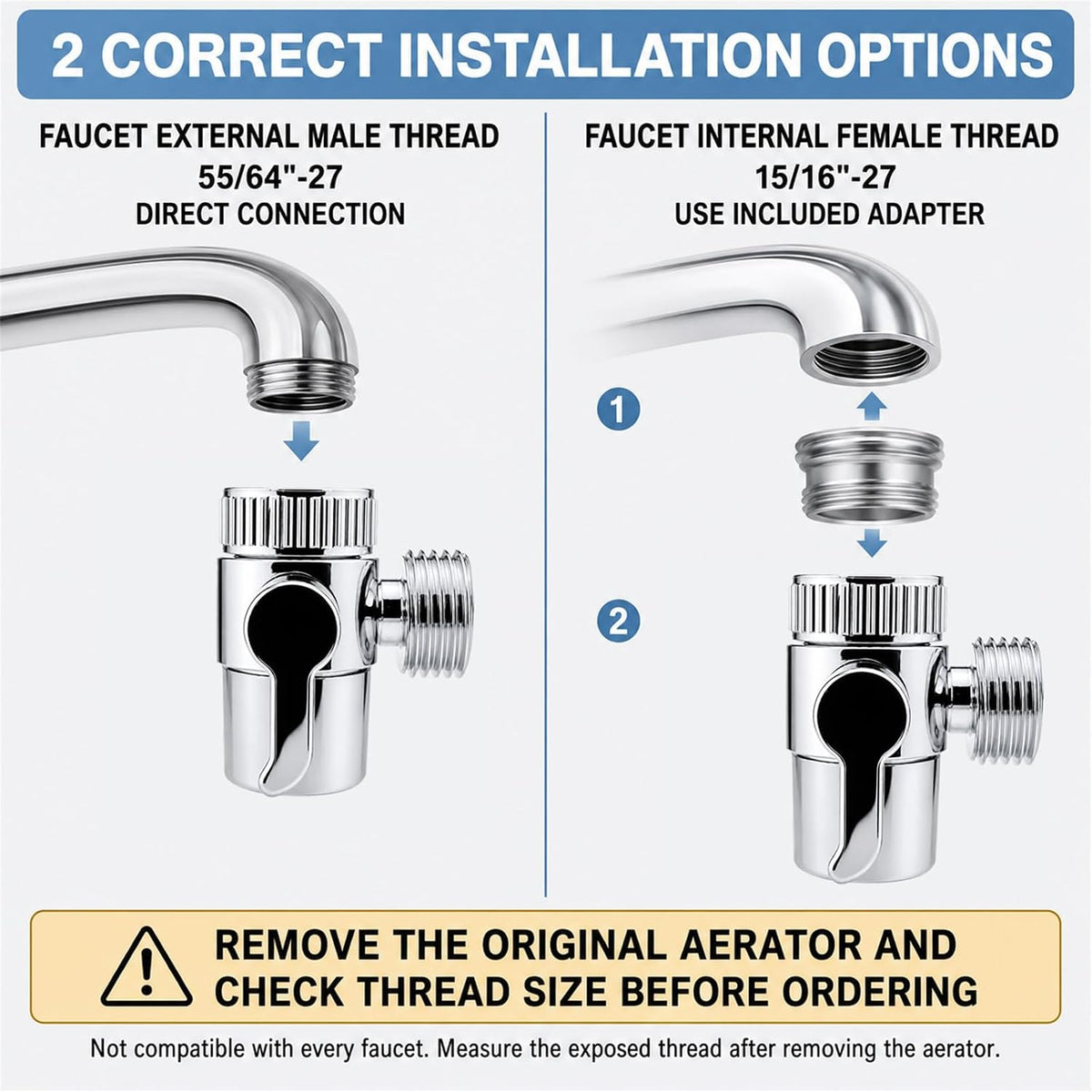 2 Pack Faucet Diverter Valve with Aerator, 55/64"-27 Female Inlet, 15/16"-27 Male Adapter, G1/2 and 3/4" GHT Adapters for Sink Faucet, Shower Hose and Portable Washer